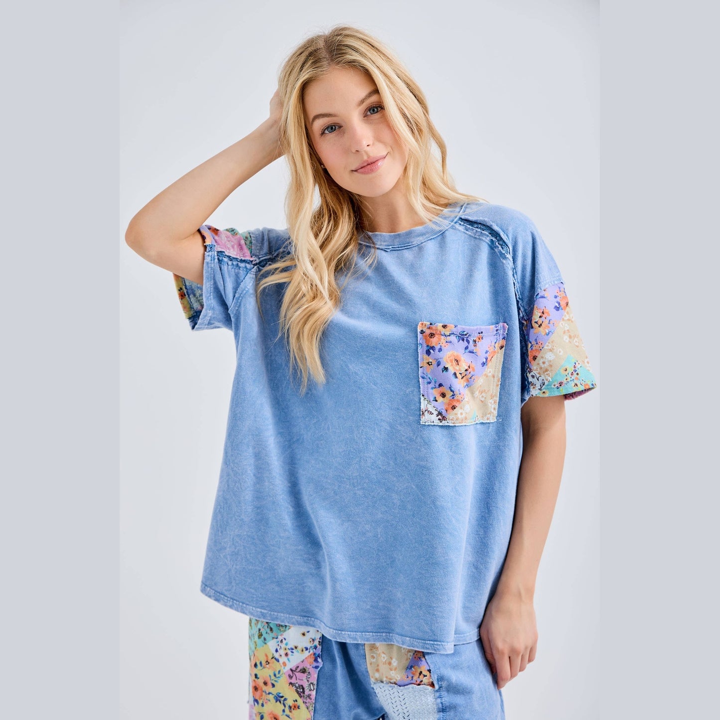 Mineral Washed Flower Patch Pocket Top
