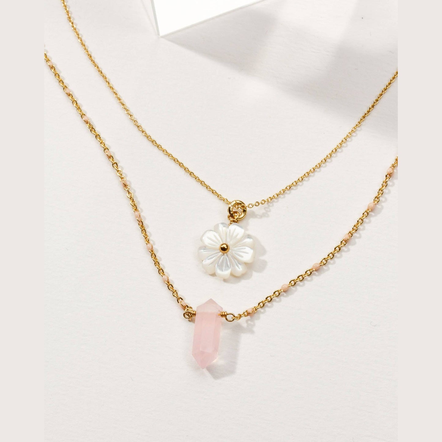 Blooming Crystal Layered Necklace Set- Rose Quartz