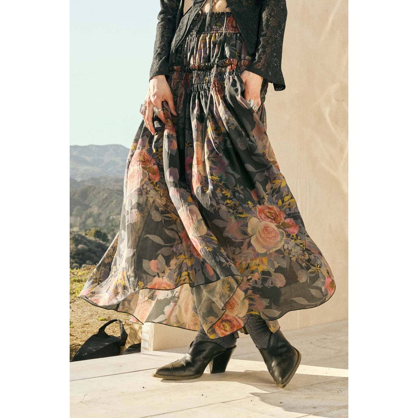 Floral-Print Smocked Drop-Waist Ruffle Maxi Skirt