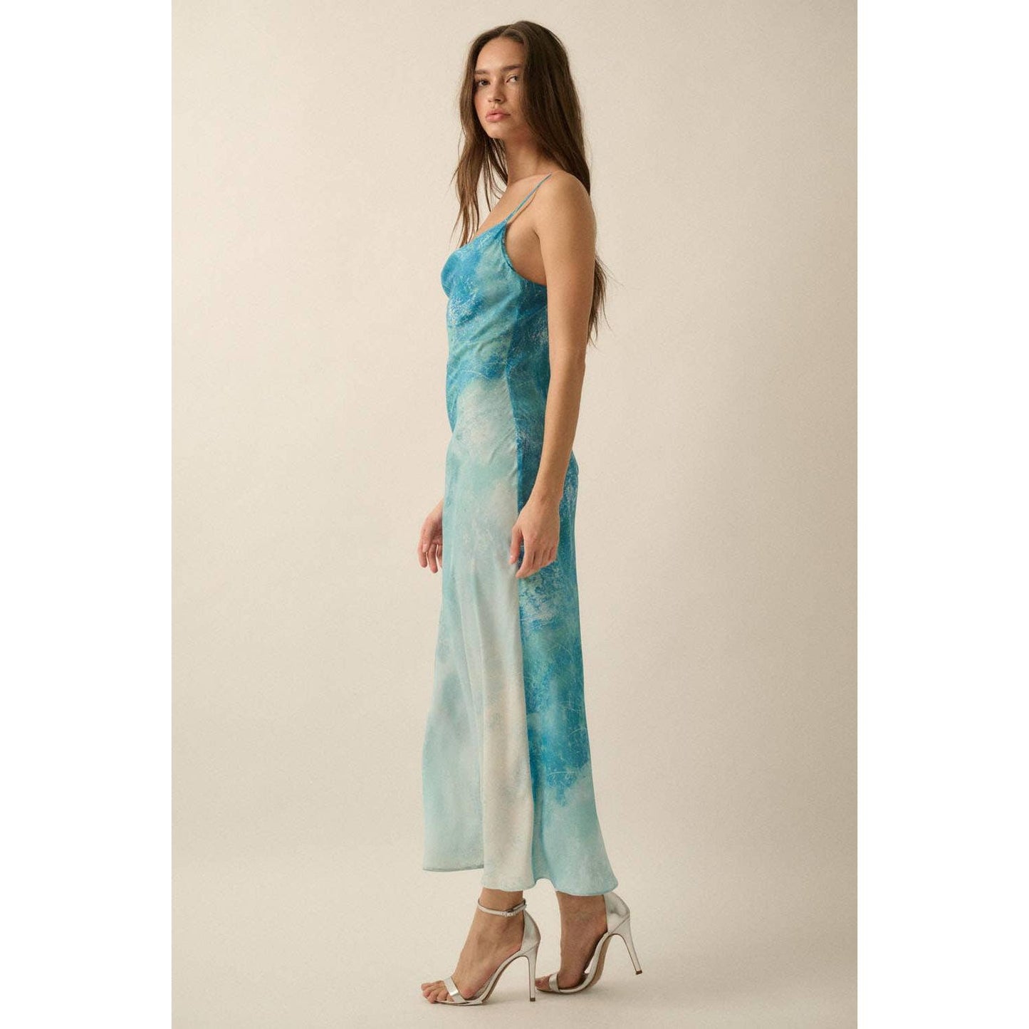 Tie Dye-Print Satin Bias-Cut Maxi Dress