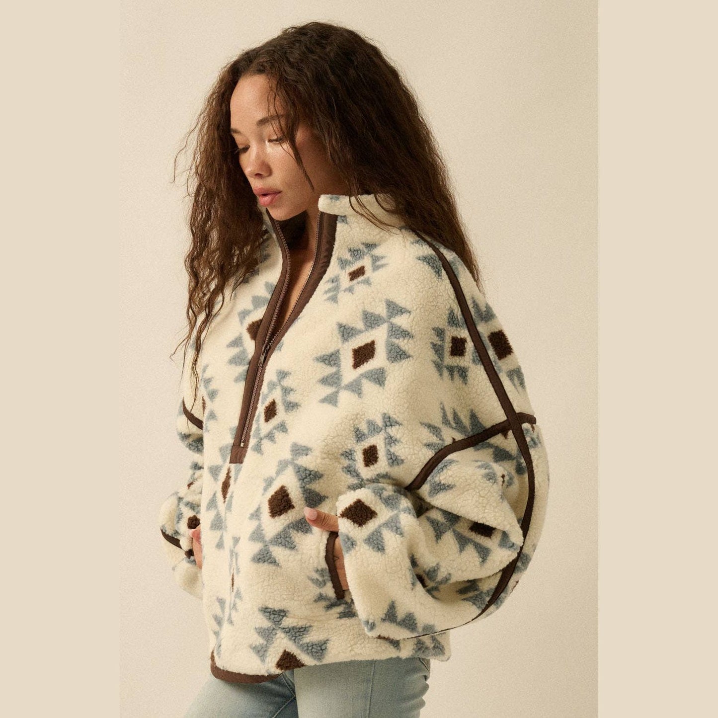 Geometric-Print Sherpa Fleece Half-Zip Pullover