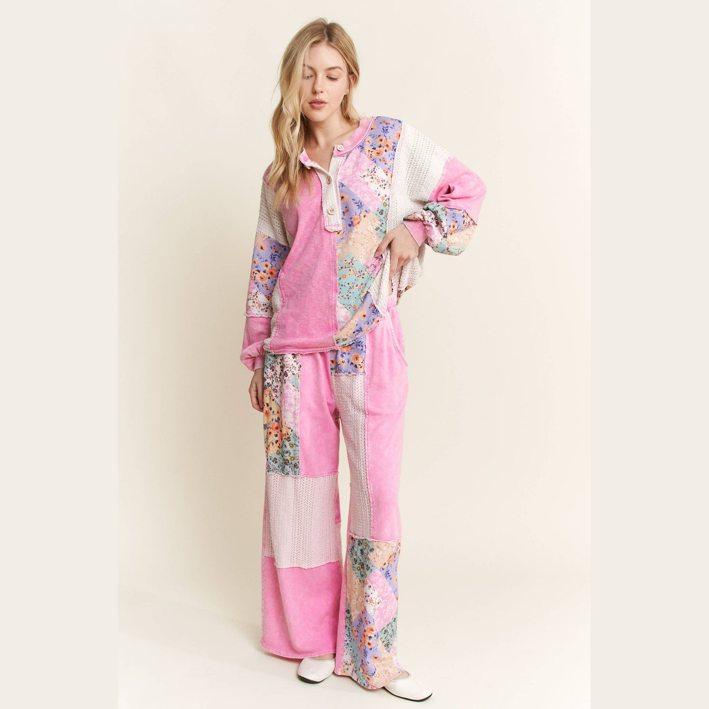 Mineral Washed Floral Wave Knit Jacquard Boho Pants