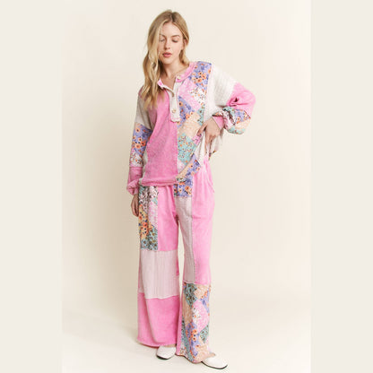 Mineral Washed Floral Wave Knit Jacquard Boho Pants