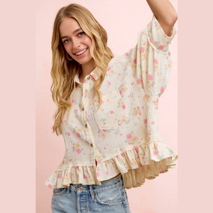 Floral Crinkle Quarter Sleeve Ruffle Hem Shirt Top