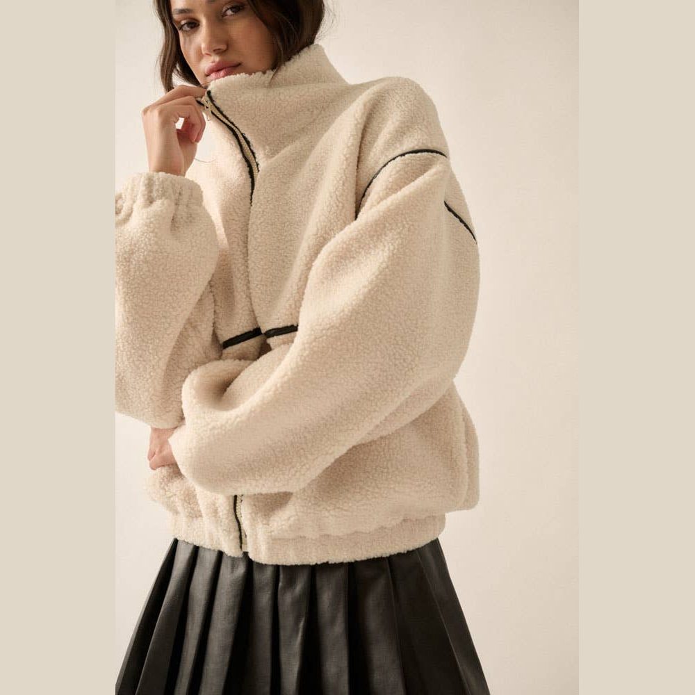Faux Leather-Trimmed Sherpa Fleece Zip-Up Jacket