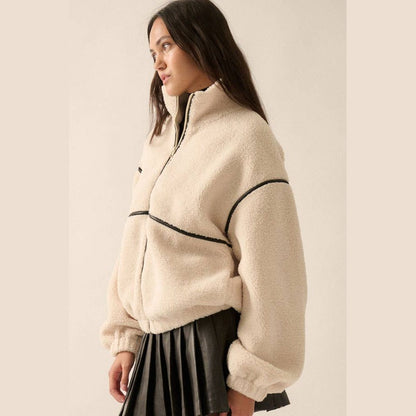 Faux Leather-Trimmed Sherpa Fleece Zip-Up Jacket