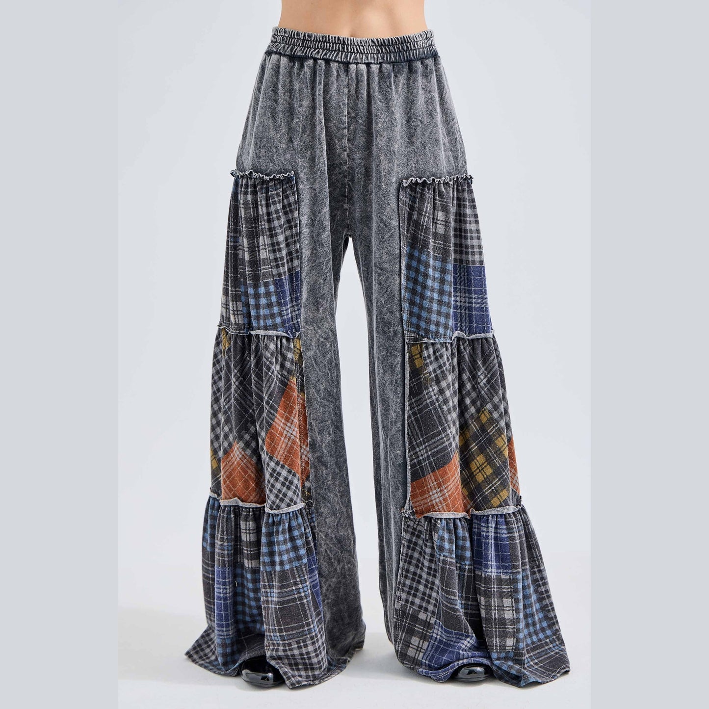 Mineral Washed Tiered Plaid Wide Flare Pants