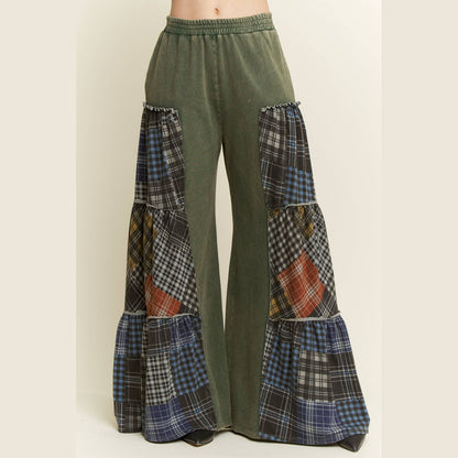 Mineral Washed Tiered Plaid Wide Flare Pants
