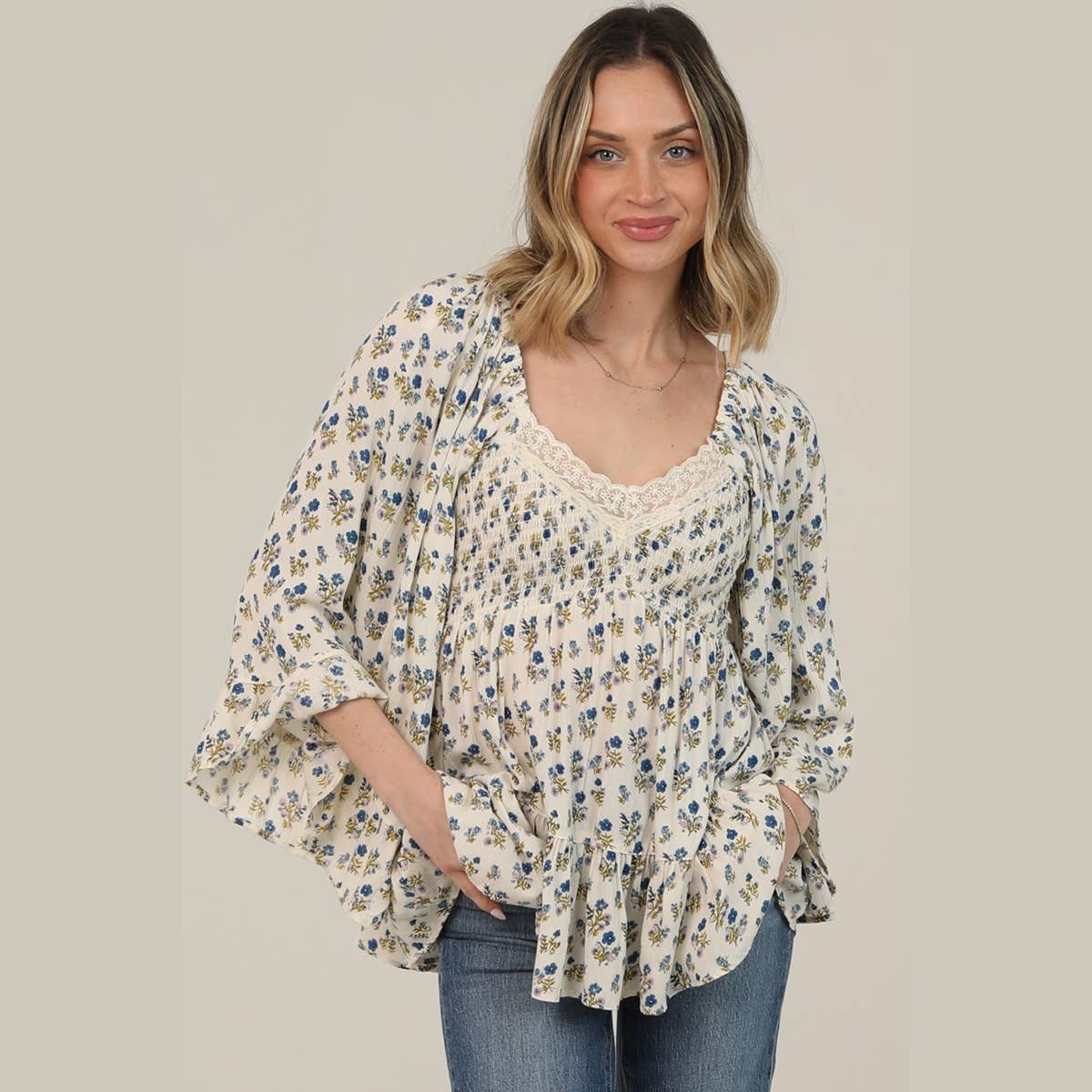 V NECK SMOCKED BUST LACE TRIM WIDE BELL SLEEVE PR