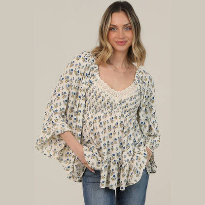 V NECK SMOCKED BUST LACE TRIM WIDE BELL SLEEVE PR