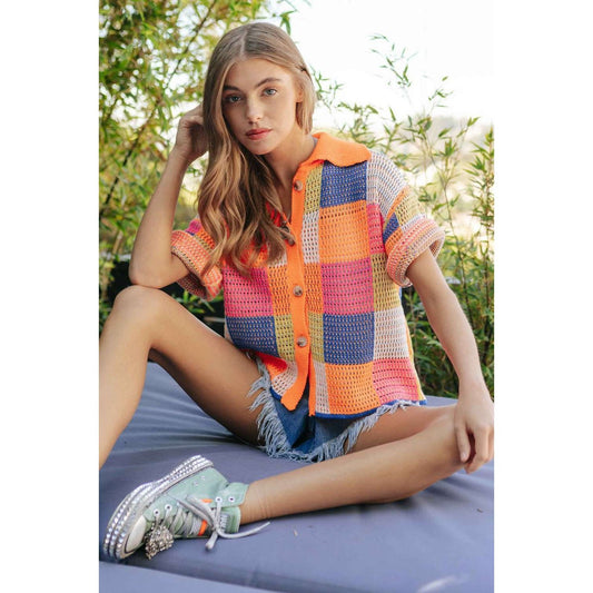 Neon Color Block Crochet Shirt