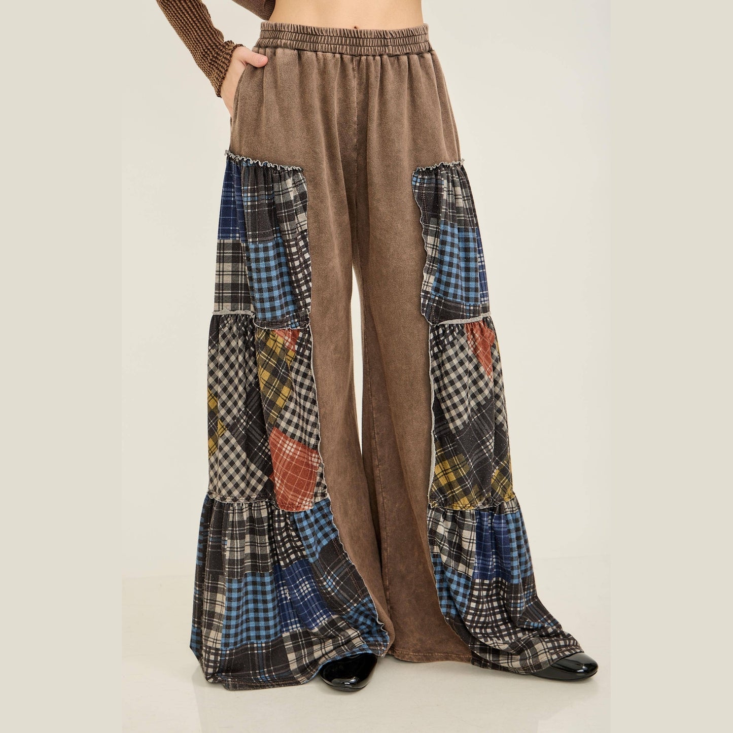 Mineral Washed Tiered Plaid Wide Flare Pants
