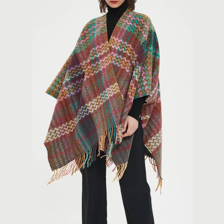 Plaid Ruana Multi-Colored Kimono shawl With Tassel Detail