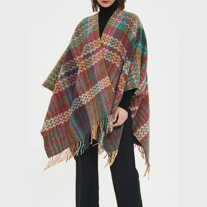 Plaid Ruana Multi-Colored Kimono shawl With Tassel Detail