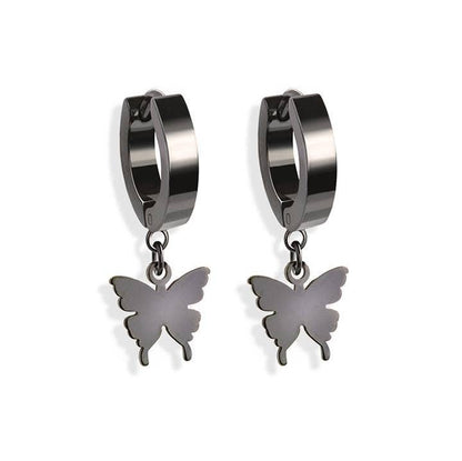 STAINLESS STEEL HUGGIE/HOOP EARRINGS W/BUTTERFLY