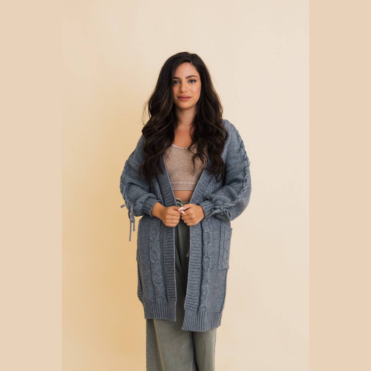 Tie Bubble Sleeve Cable Knit Oversized Cardigan