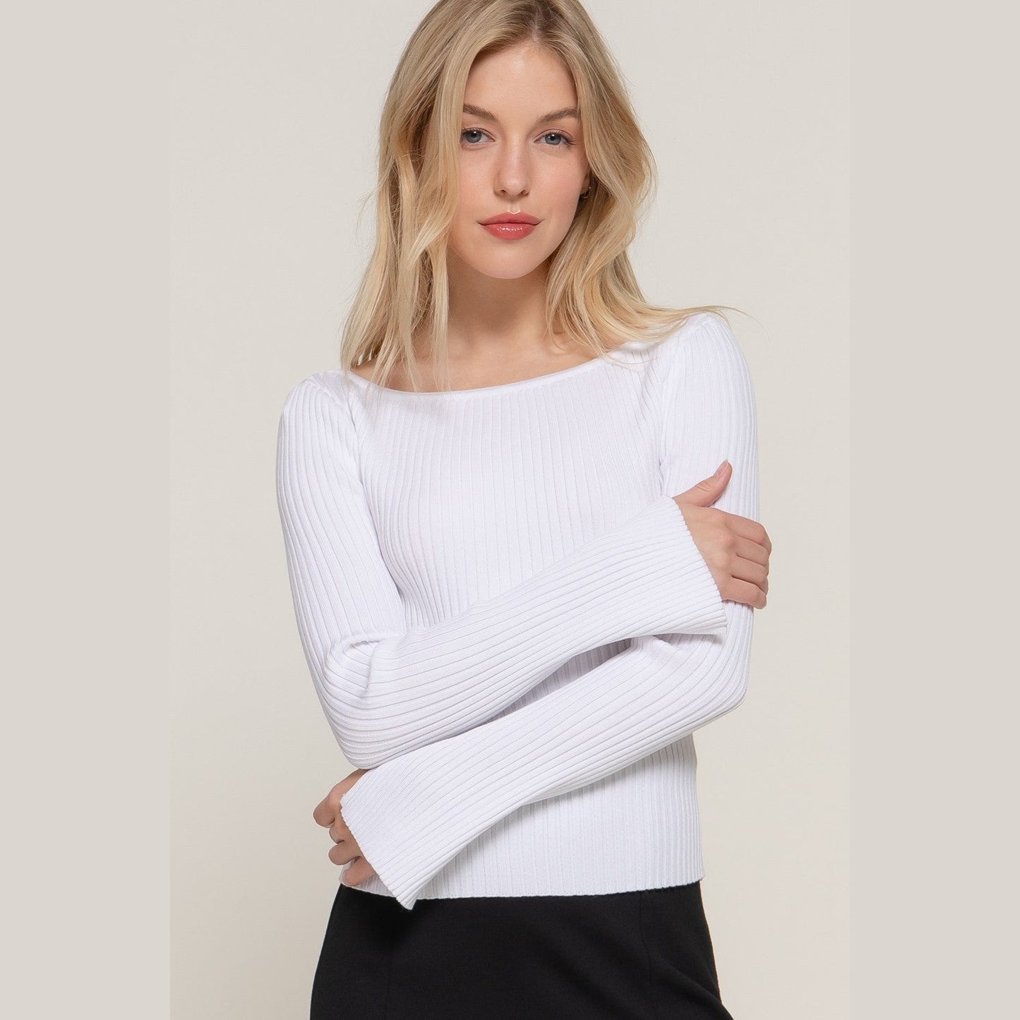 Ribbed Boat Neck Long Sleeve Top