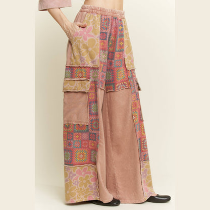 Mineral Wash Boho Crochet Floral Printed Pants