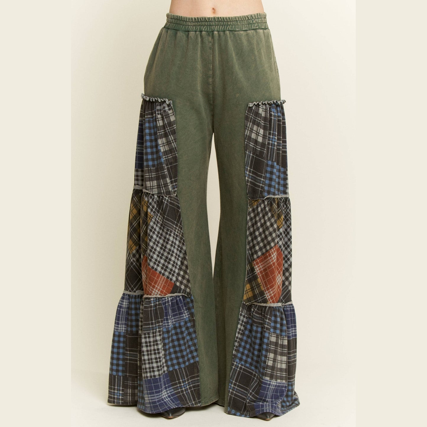 Mineral Washed Tiered Plaid Wide Flare Pants