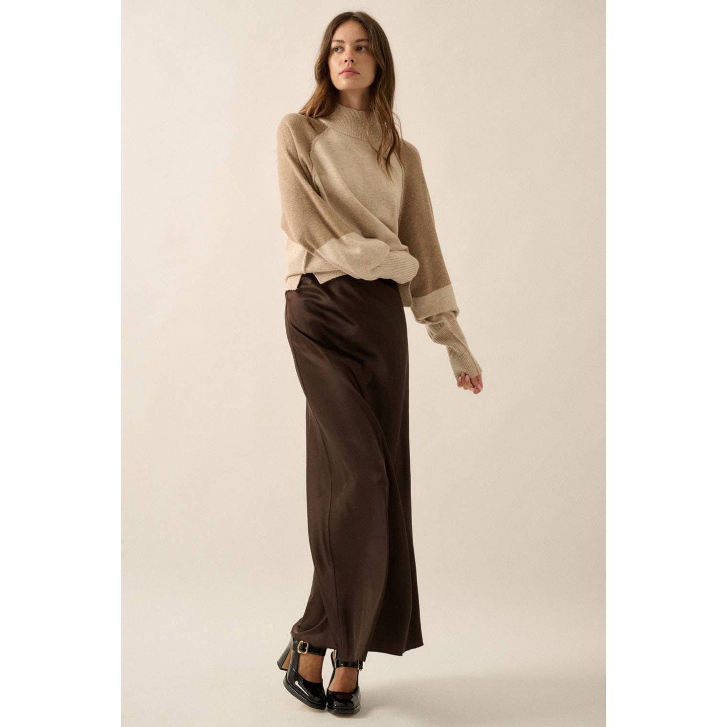 Colorblock Knit Bishop-Sleeve Mock-Neck Sweater