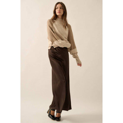 Colorblock Knit Bishop-Sleeve Mock-Neck Sweater