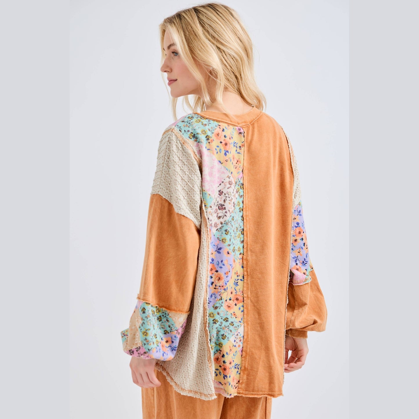 Mineral Washed Floral WaveKnit Jacquard Boho Top