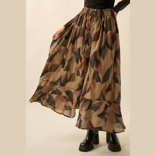 Abstract-Print Button-Front Drawstring Maxi Skirt