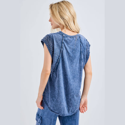 Mineral Wash Trim Cap sleeve Blouse