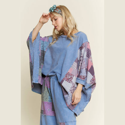 Mineral Washed Boho Patch Poncho Top
