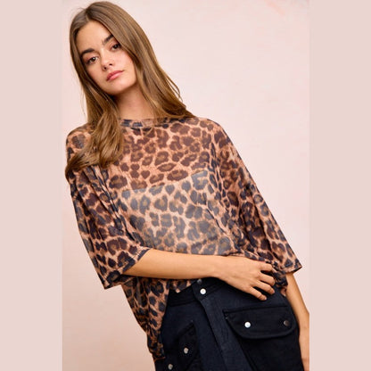 Leopard Print Short Sleeves Boxy Mesh Top