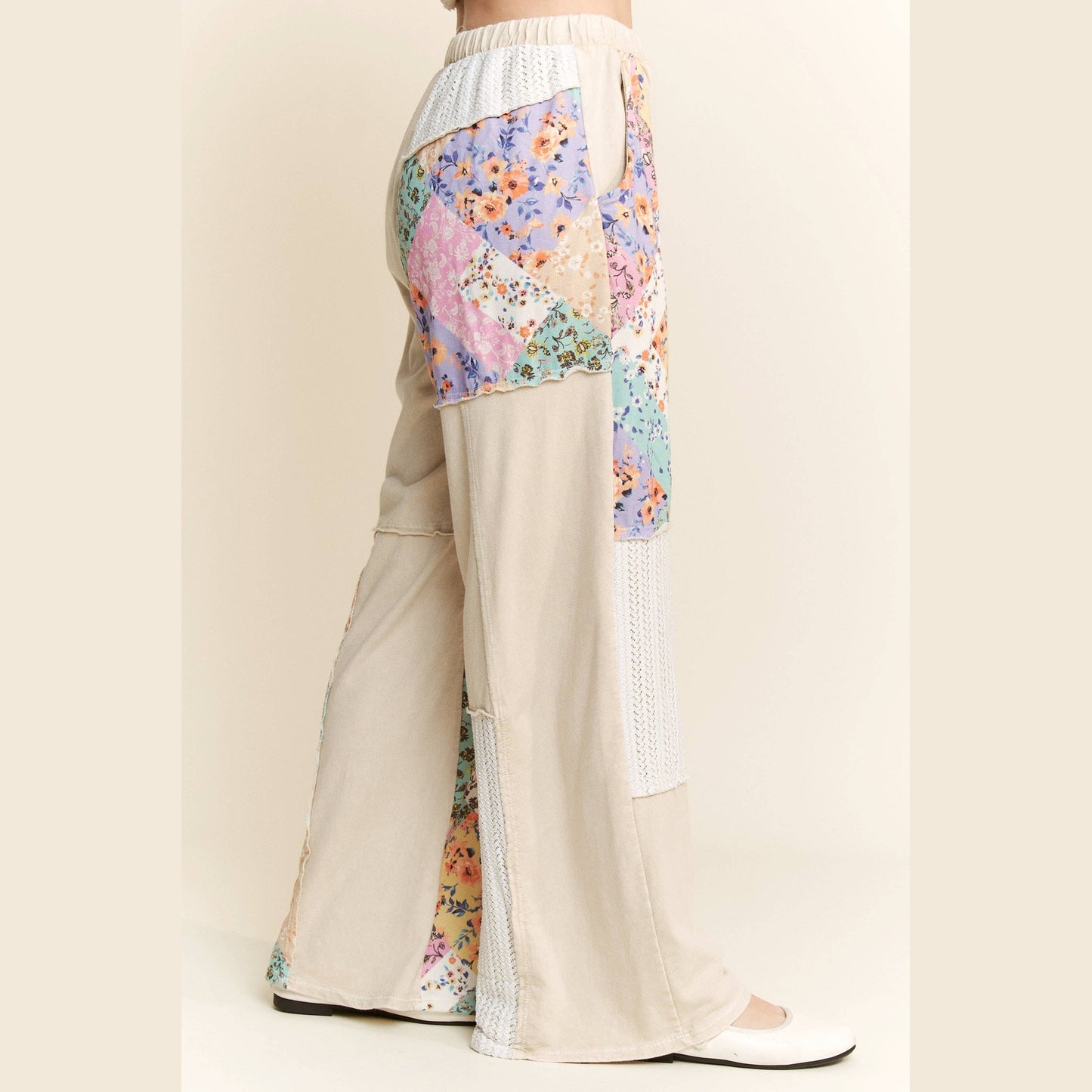 Mineral Washed Floral Wave Knit Jacquard Boho Pants