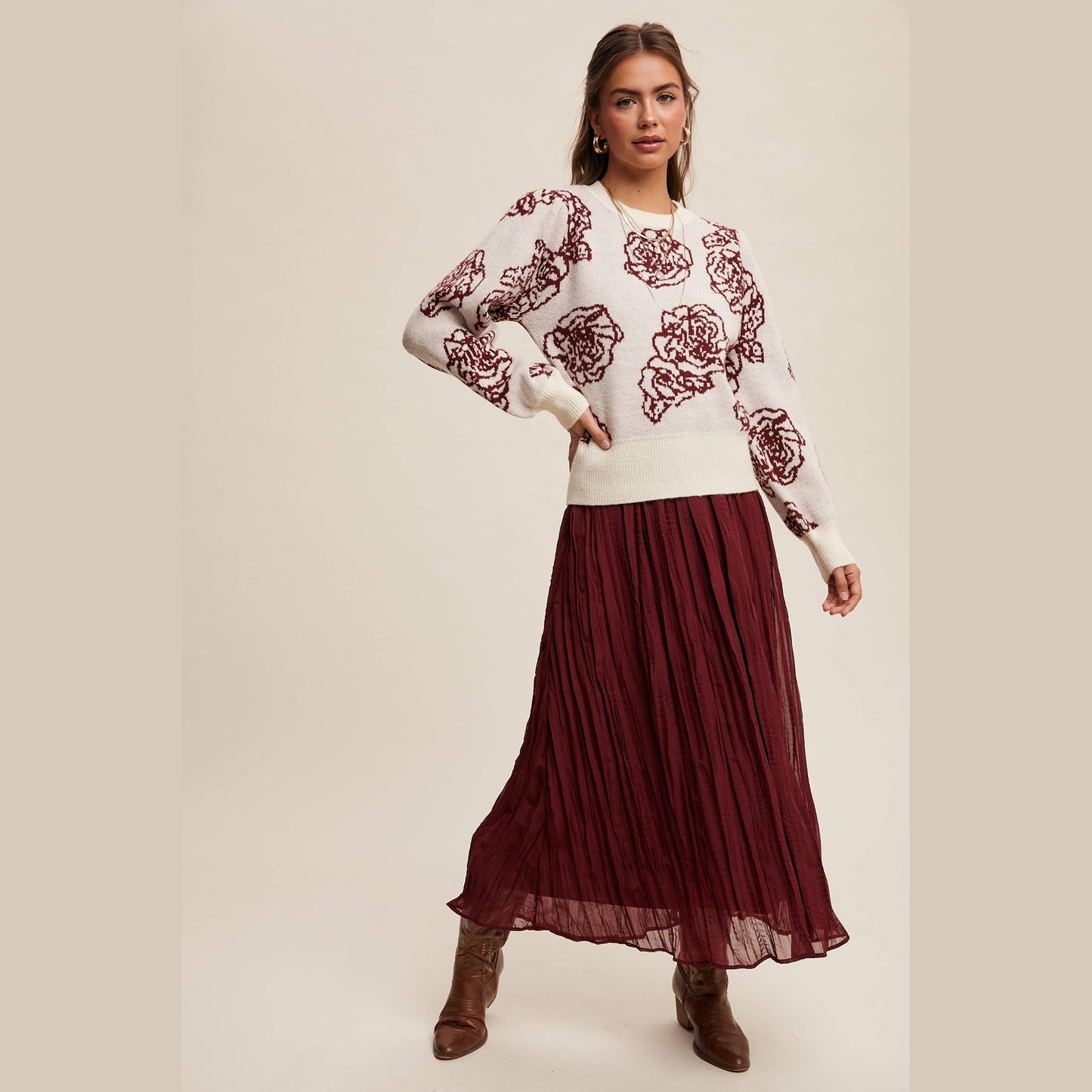 Floral Jacquard Puff-Sleeve Sweater