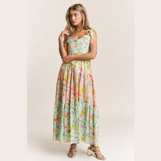 Patsy Smocked V-neck Tiered Multi Print Dress