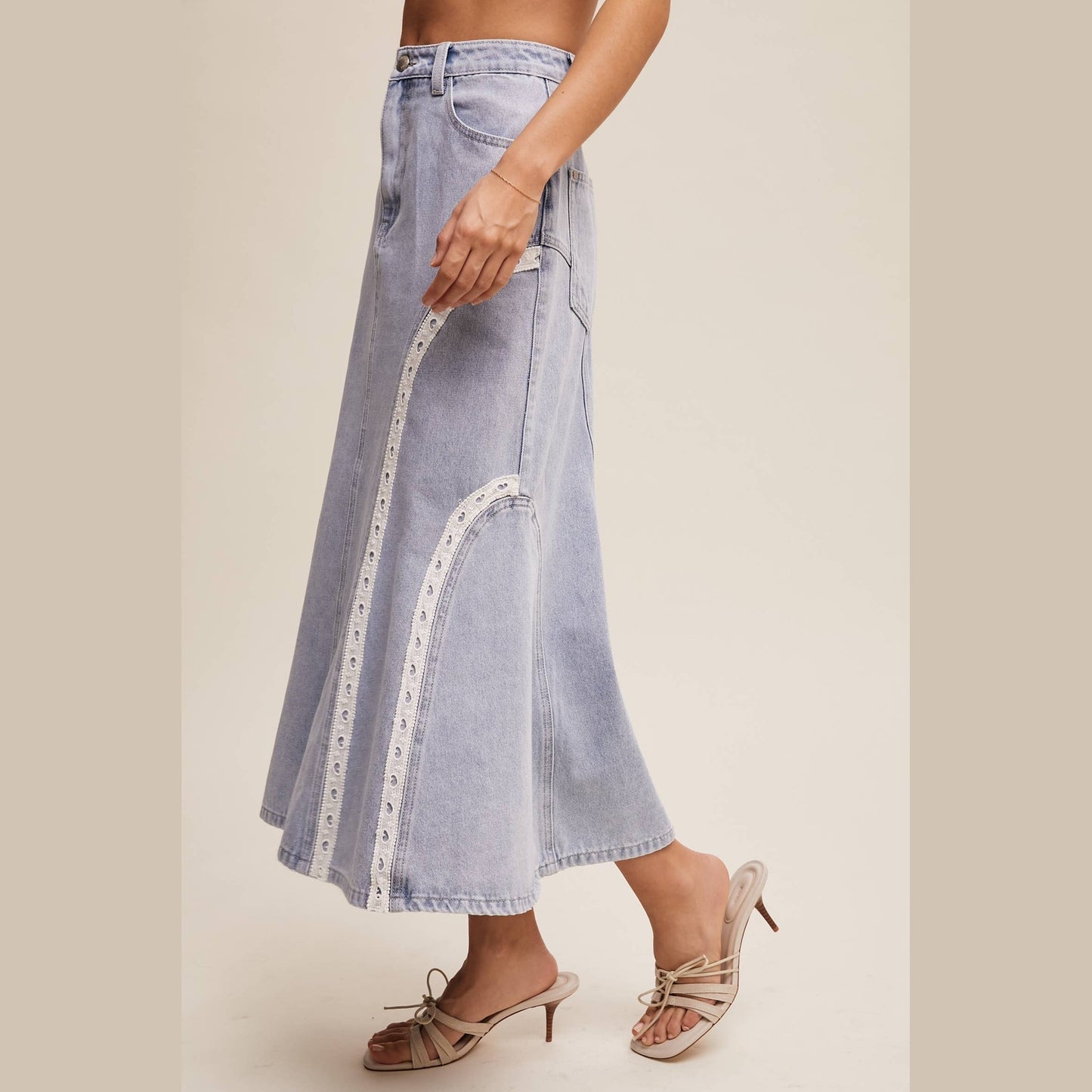 Embroidered Denim Midi Skirt