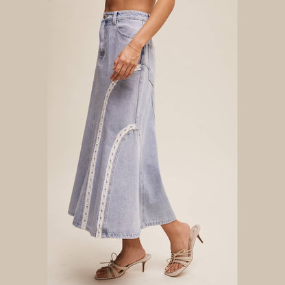 Embroidered Denim Midi Skirt