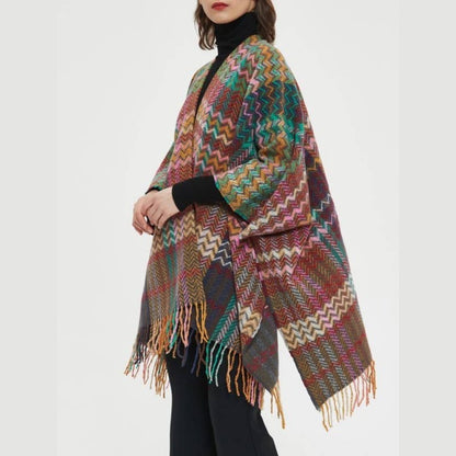 Plaid Ruana Multi-Colored Kimono shawl With Tassel Detail