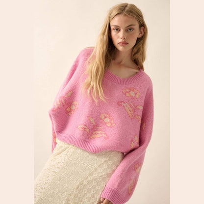 Floral Knit Cropped Dolman-Sleeve Sweater
