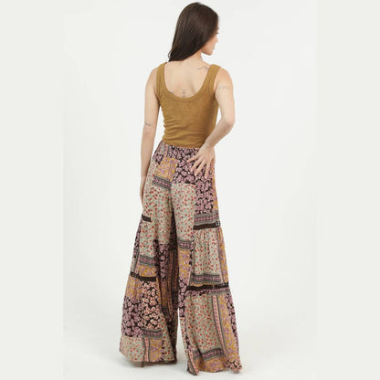 PRINTED WIDE LEG FLARE PANTS WITH LACE TRIM