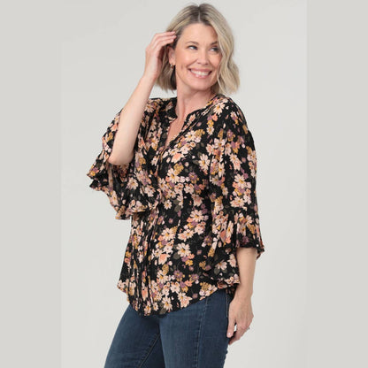 V-Neck Button Front Angled Ruffle Sleeve Top