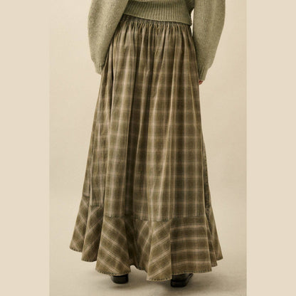 Plaid Flannel Button-Front Drawstring Maxi Skirt