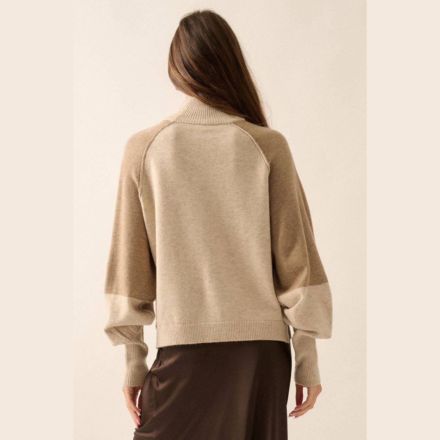 Colorblock Knit Bishop-Sleeve Mock-Neck Sweater