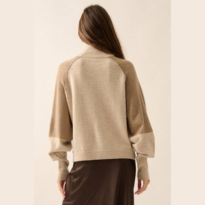 Colorblock Knit Bishop-Sleeve Mock-Neck Sweater