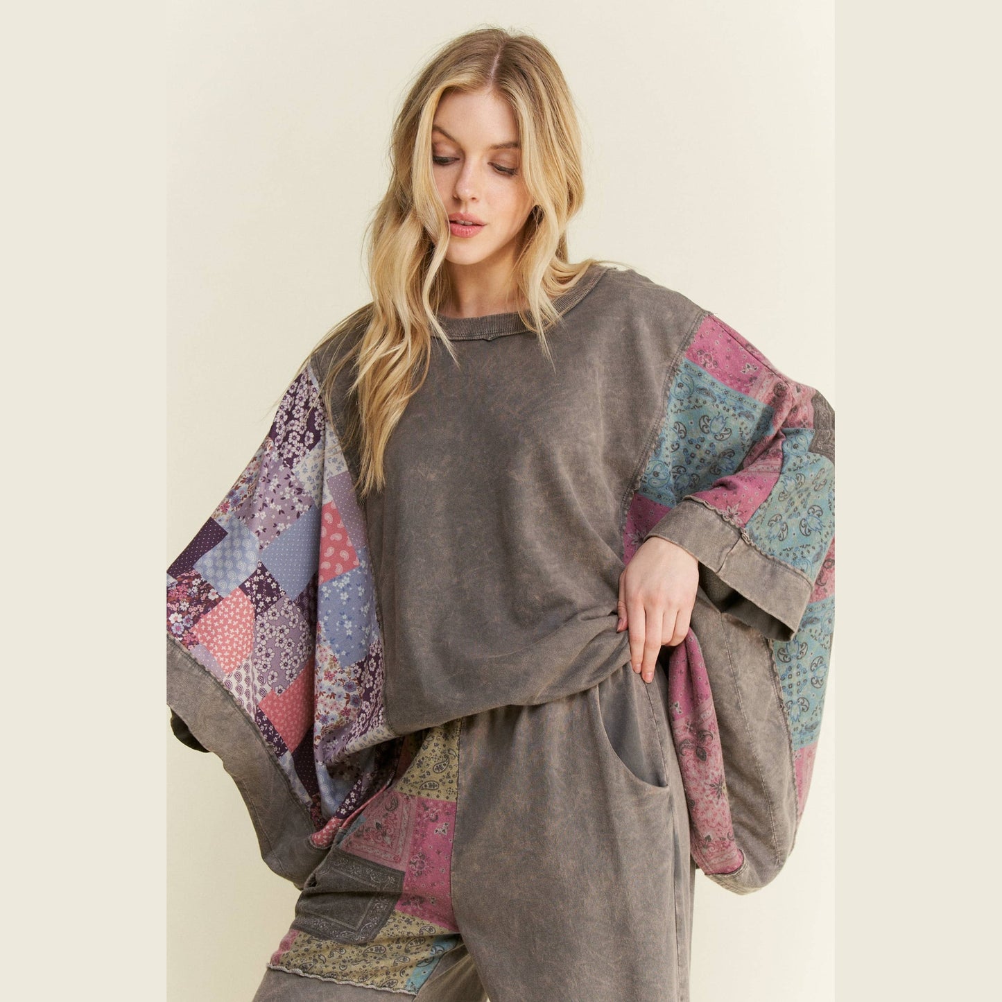 Mineral Washed Boho Patch Poncho Top