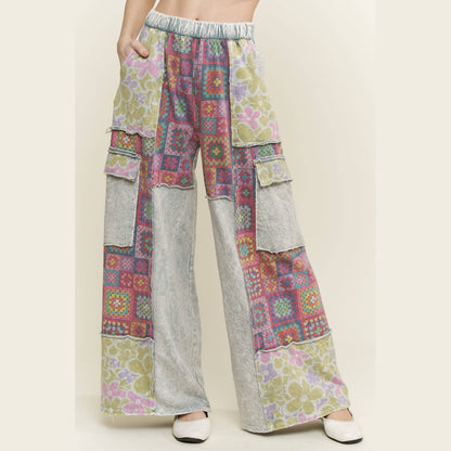 Mineral Wash Boho Crochet Floral Printed Pants