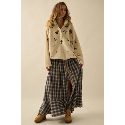 Plaid Flannel Button-Front Drawstring Maxi Skirt
