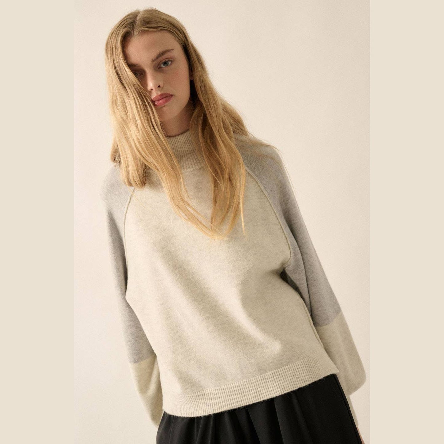 Colorblock Knit Bishop-Sleeve Mock-Neck Sweater