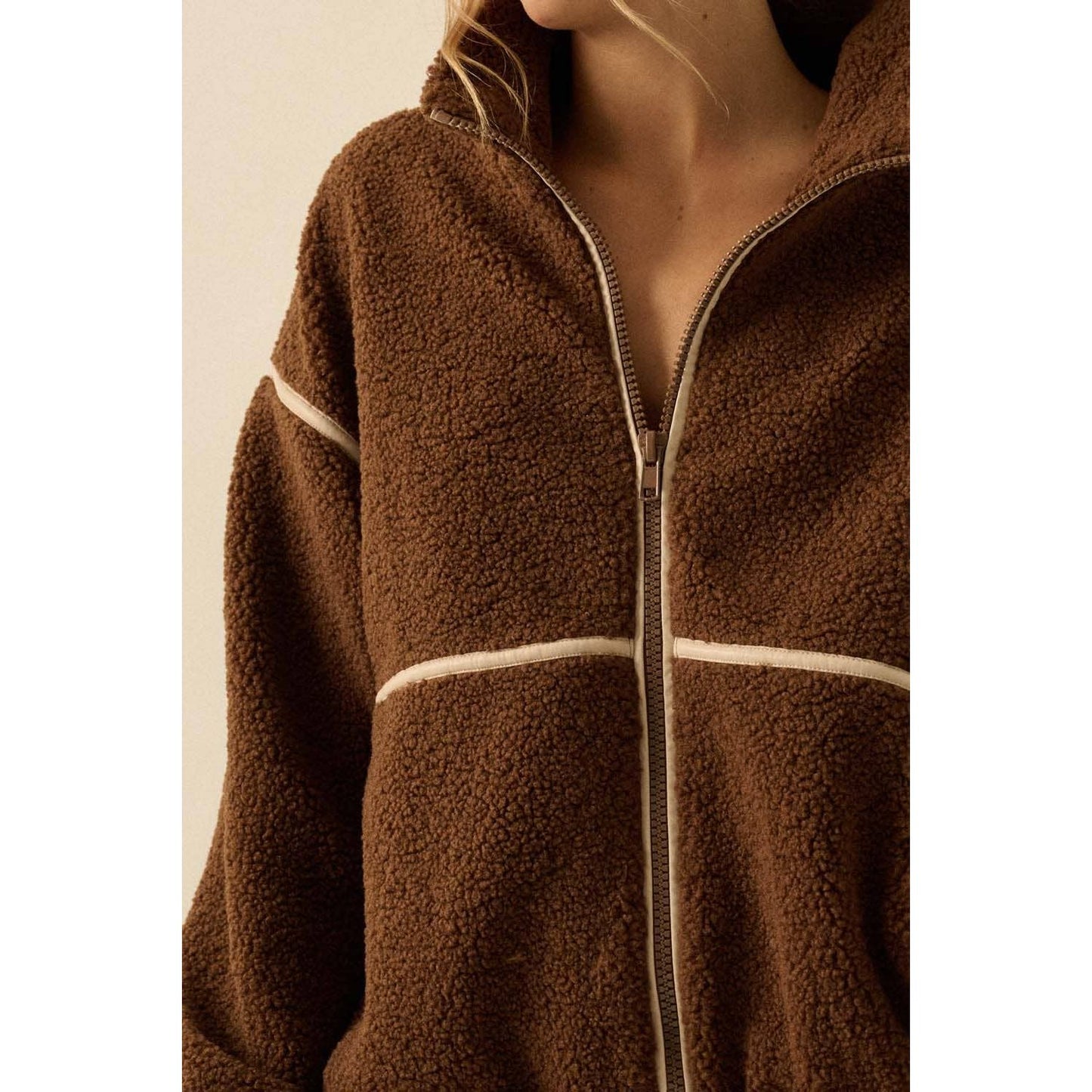 Faux Leather-Trimmed Sherpa Fleece Zip-Up Jacket
