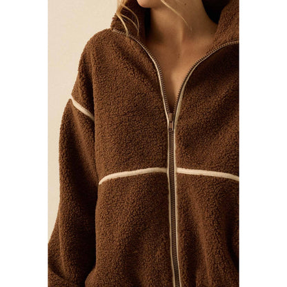 Faux Leather-Trimmed Sherpa Fleece Zip-Up Jacket
