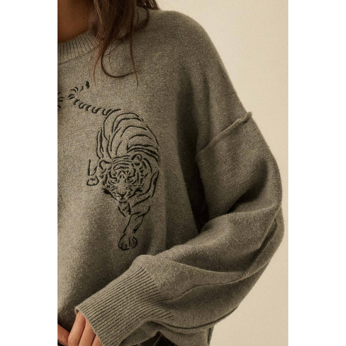 Embroidered Tigers Solid Knit Exposed-Seam Sweater - The Feral Market