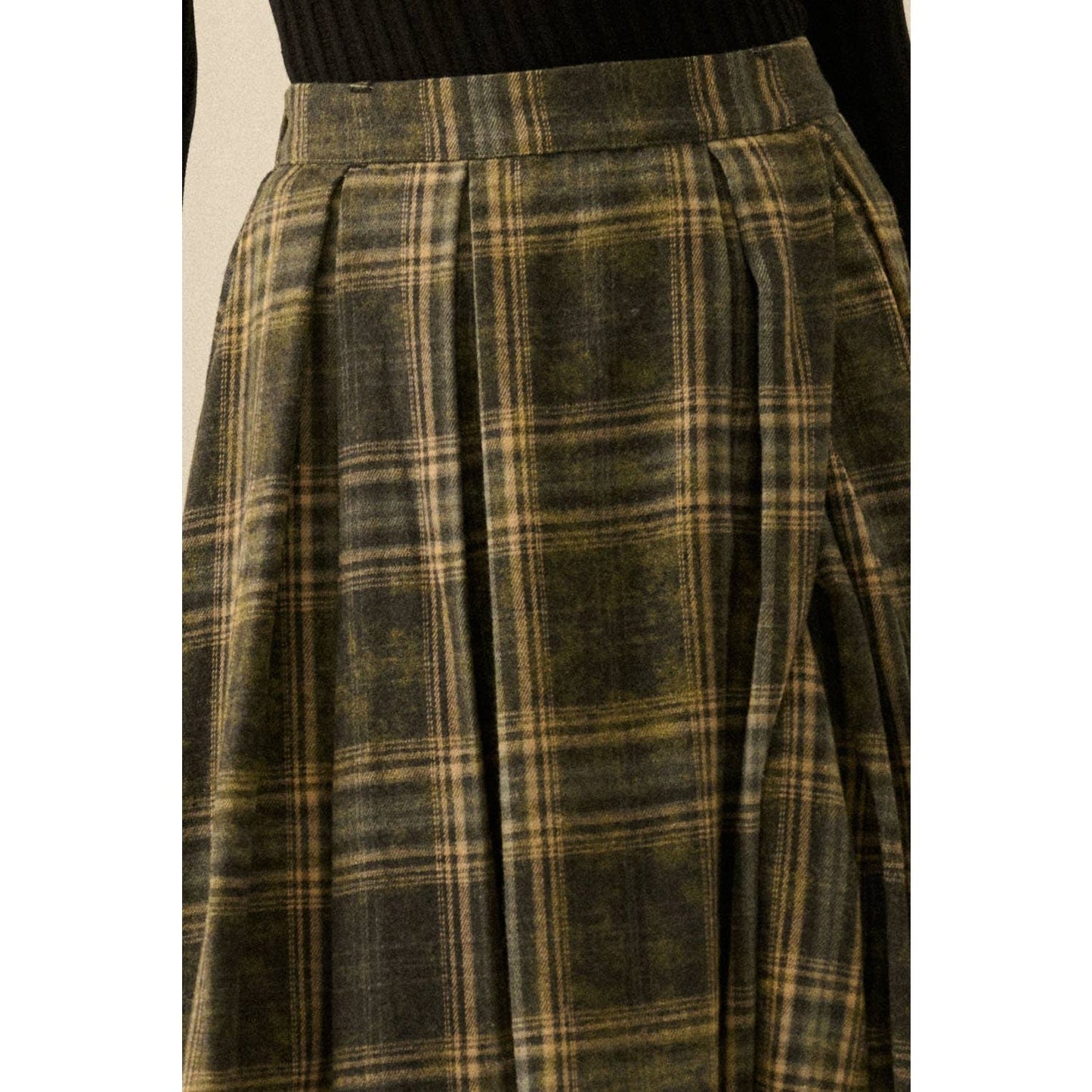 Plaid Flannel Pleated Wrapped Raw-Edge Maxi Skirt